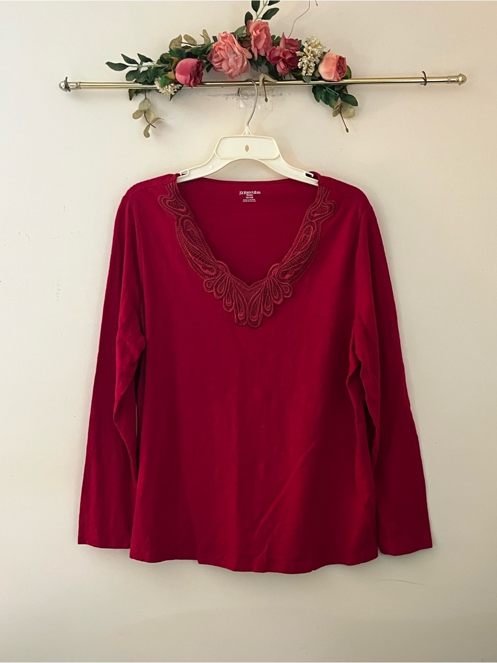 St. John's Bay Deep Red V-Neck Long Sleeve Top with Embroidered Trim